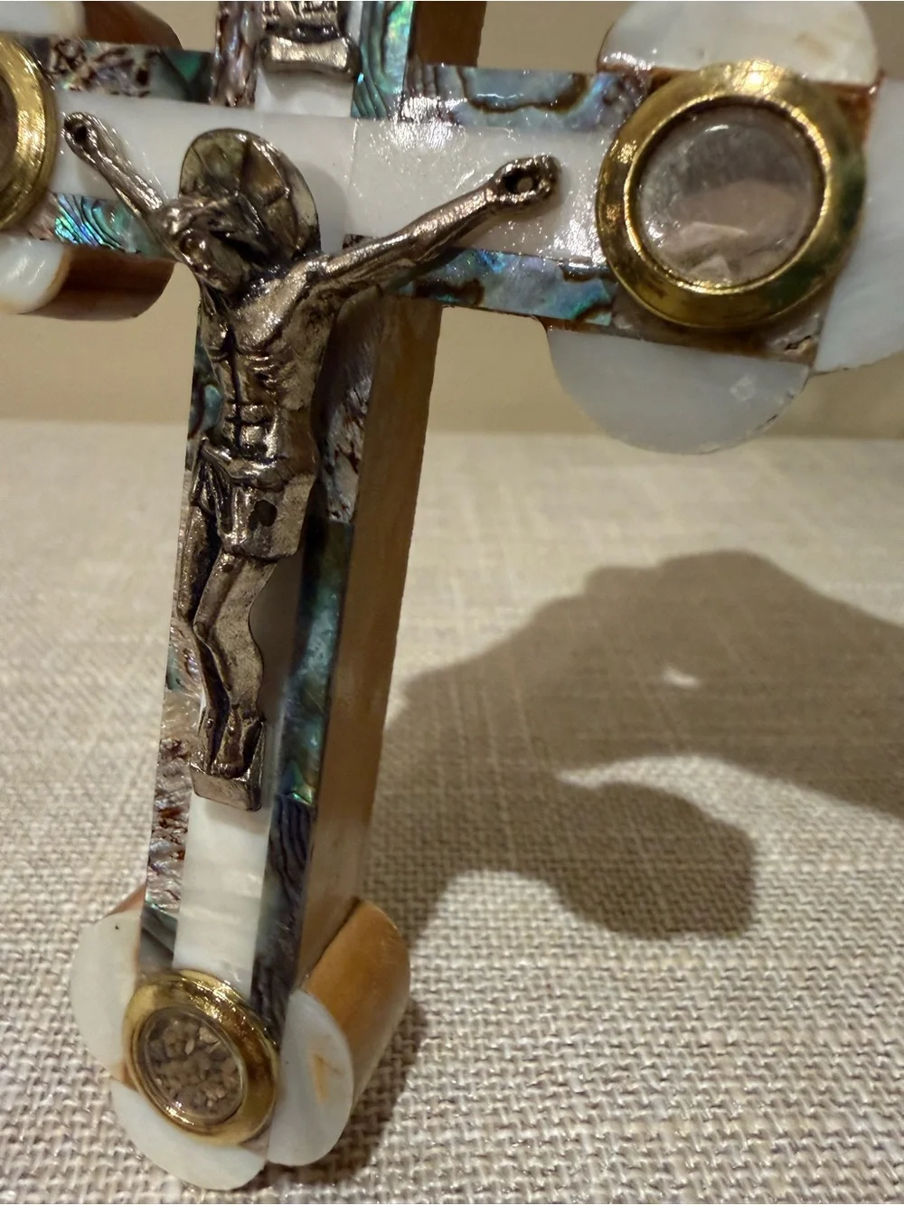 Vintage Jerusalem Olive Wood Mother of Pearl Abalone Crucifix Relic Wall Cross